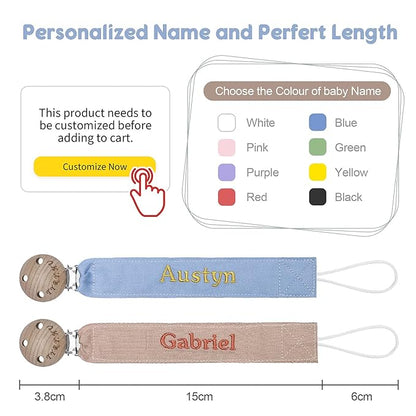 TYRY.HU Personalized Pacifier Clip with Name, Embroidery Ribbon Pacifier Holder for Baby Girls and Boys, Neutral Pacifier Leash Universally Fit All Pacifiers, 2 Pack Baby Gift(Khaki, Blue)