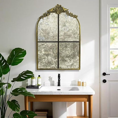 Retro Palace Style Mirror, Antique French Retro Arch Mirror, Suitable for Bathroom, Living Room, Bedroom, Fireplace, Corridor，Can be Used for Decoration
