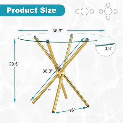 Kitchen Table for 2 Modern 36.6" Round Glass Table Small Tables with Trestle Metal Leg for Living Room and Apartment, Gold