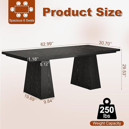 63 Inch Dining Table for 4-6, Modern Kitchen Dinner Table with Double Robust Pedestal, Wood Rectangular Eating Tables for Living Room, Dining Room, Dark Black