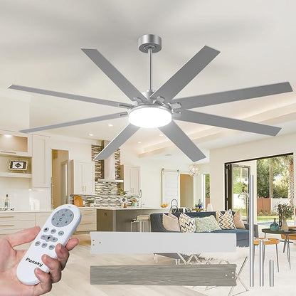 72 inch Ceiling Fans with Lights, Large Modern Ceiling Fan with Light and Remote Control, Reversible, Dimmable, 3CCT, Quiet, Nickel Ceiling fan For Bedroom Living Room Patio Farmhouse, Indoor/Outdoor