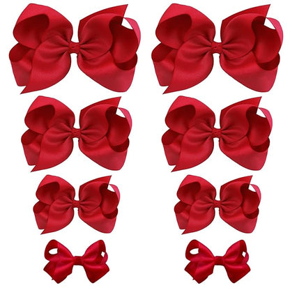 Oaoleer 8PCS Hair Bows for Girls Red Grosgrain Ribbon Boutique Bow Alligator Clips Hair Accessories for Toddlers Little Girls Kids (8inch, 6inch, 4.5inch, 3inch in Pair)