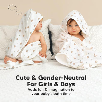 KeaBabies Muslin Baby Bath Towels with Hood for Girls, Boys -Large Organic Cotton Hooded Baby Towels for Newborns,Toddlers,Infant,Kids,Soft Absorbent Newborn Bath Essentials Gift Set(Nibbles, Regular)