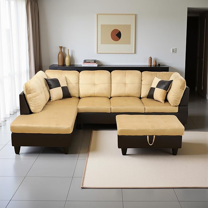 L Shaped Couch Modern Sectional Couch Upholstered Lint Fabric 3 Pieces Sofas for Living Room with Chaise, Storage Ottoman for Office and Small Apartment, Beige and Brown