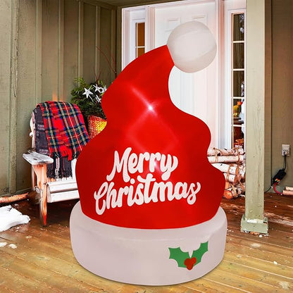 Juegoal Christmas Inflatables Outdoor Decorations, 5FT Inflatable Xmas Hat, Lighted Blow Up Giant Red Hat with Built in LED Lights, Light Up Holiday Winter Roof Lawn Yard Garden Decor