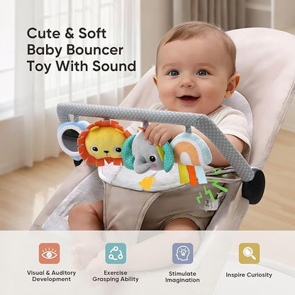 TinlyFinly Baby Bouncer Toy Bar Soft with 4 Hanging Sensory Toys Attachment, Compatible with Baby Bjorn Bouncer, with Mirror, Rattle, Crinkle Sound for Babies All Ages (Colorful Animals)