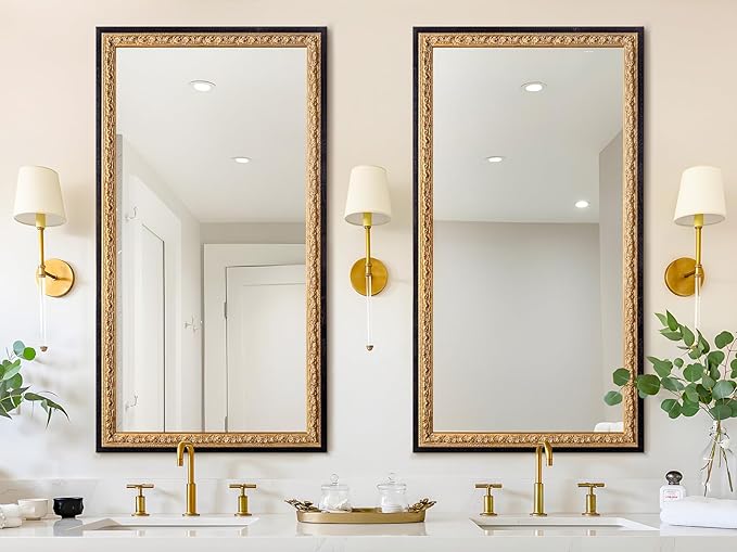 51.5”x28” Black Large Vintage Mirror, Ornate Baroque Decorative Mirror, Gold Foil Carvings Wooden Frame, Handmade Aging, for Dining Room, Fireplace, Bathroom and Bedroom