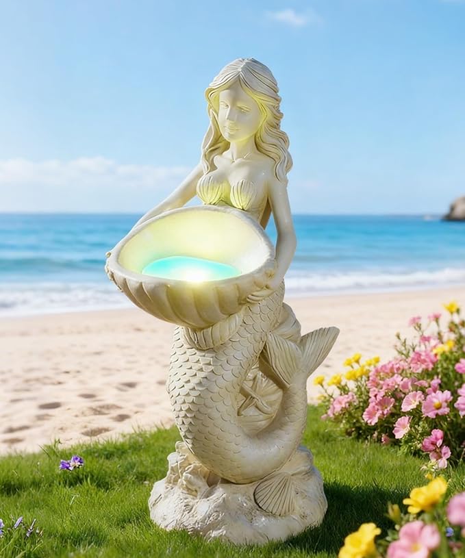 Nacome Solar Mermaids Birdbath Garden Decor: Outdoor Statues Ornaments for Outside Decorations Yard Art Lawn Porch Patio Balcony - Birthday Gifts for Mom Grandma Women Lover