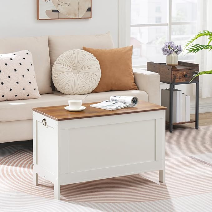 HOOBRO Toy Box, Retro Wooden Look Storage Chest with Safety Hinge, Entryway Storage Bench Supports 220 lb, 29.9 x 15.7 x 18.9 Inches Toy Chest Organizer, Easy Assembly (White and Walnut) WH75CW01G1