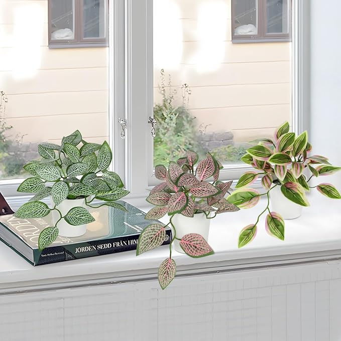 Hollyone Fake Plants 6 Pack Artificial Plants Indoor Faux Plant with White Plastic Pot Small Fake Potted Plant for Home Aesthetic Living Room Bathroom Desk Shelf Office Decor