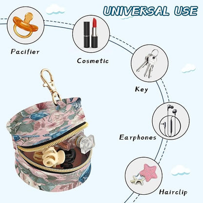 Pacifier Holder with Clip Pacifier Case for Diaper Bag Round Baby Pacifier Pouch Box Bag Portable Sea Turtles and Pink Hibiscus