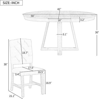 5 Pieces Dining Table Set with 42" Table,Living Room Furniture W/ 4 Upholstered Chairs,Tabletop Can be Adjusted from Round to Oval in Shape,for Restaurant,Home Bistro,Natural