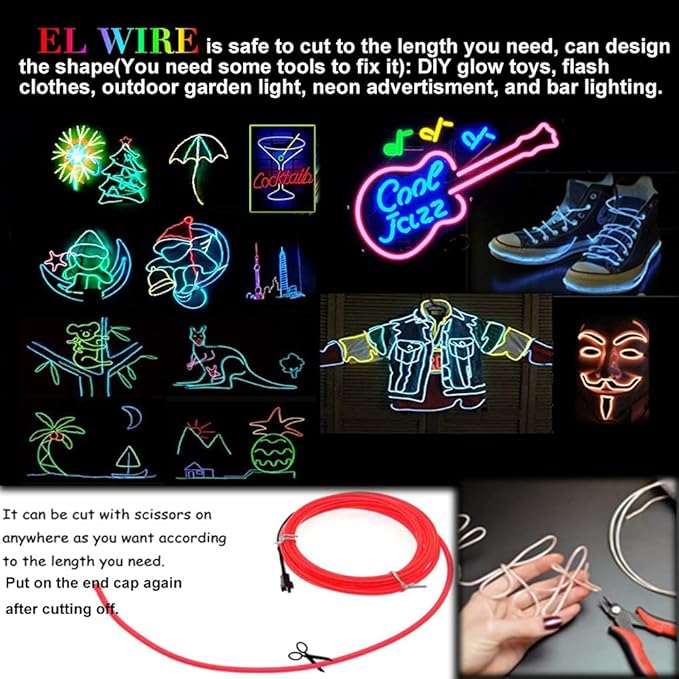MaxLax EL Wire Blue 5-Pack, 9ft/2.75m Neon Light Wire with Noise Reduction and Battery Pack…