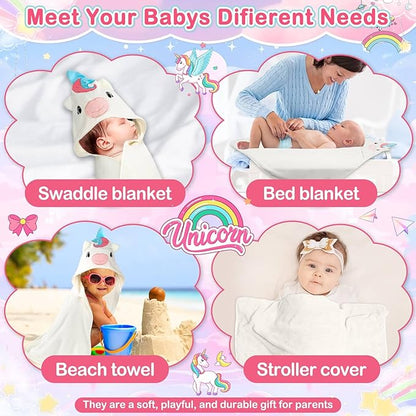 Flasoo 4 PCS Baby Towels Set, Soft Absorbent Baby Hooded Bath Towel, 1 Baby Towel and 3 Baby Washcloths for Newborns, Toddlers, and Kids, 32x32 inch Baby Towel for Boy and Girl (White Unicorn)