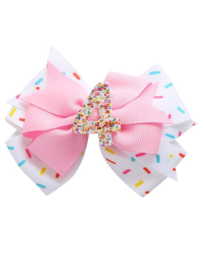 Birthday Hair Bow for Baby Girls 1 2 3 4 5 6 Years Sprinkle Decorations Confetti Ice Cream Party Pink Hair Accessories for Four 4th Birthday