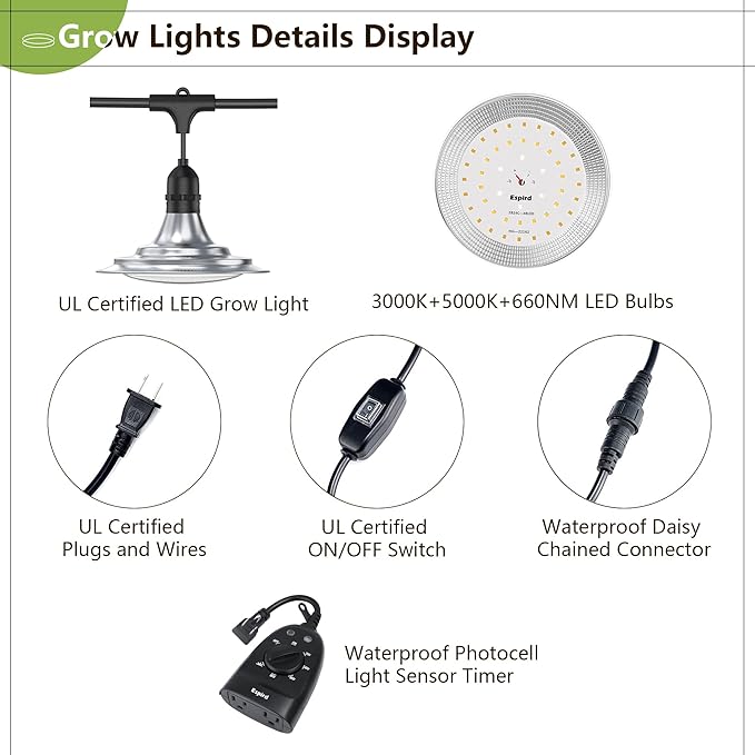Outdoor LED Grow Light with Timer, 6-Bulbs Full Spectrum Grow Light Strip, Waterproof Plant Lamps, UL Certified String Grow Lights for Greenhouse Garden, 21.3FT Light for Veg Seedling Flower