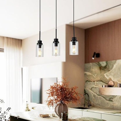 3-Lights Pendant Light Fixtures, Modern Black Kitchen Island Lighting with Clear Glass Shade, Adjustable Hanging Ceiling Lamp