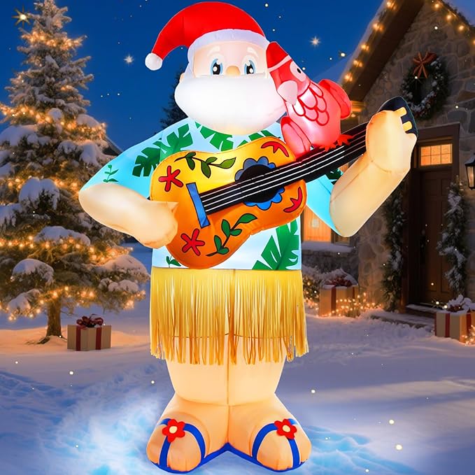 6.4FT Christmas Inflatables Santa Claus Playing Guitar Santa Parrot Outdoor Decorations Blow Up Yard Xmas Decor with Built-in LED Lights for Holidays Lawn Home Indoor Outside