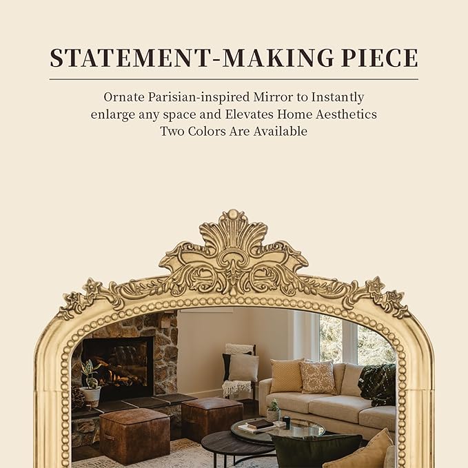 Distressed Vintage Gold Wall Mirror - 24x36 inch, Large Antique Fireplace Mantle Mirror, Baroque Ornate Decorative Bathroom Mirror | Solid Wood Pine
