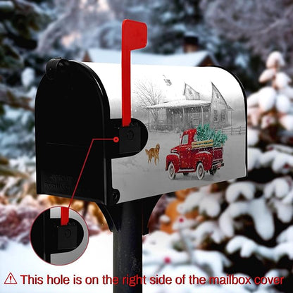 Winter Mailbox Cover Red Truck Snowflake Mailbox Wrap with Magnetic Strip Christmas Dog Snowy Letter Post Box Cover Decoration Welcome Home Outdoor Standard Size 21" Lx 18" W