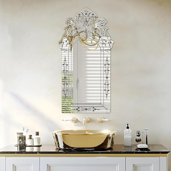 KOHROS Bathroom Vanity Mirror with Floral Etched 40" x 21" Decorative Wall Mirror Frameless Beveled Edge Bathroom Mirror for Vanity Bedroom