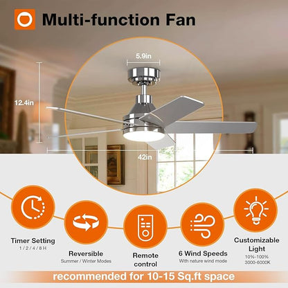 addlon Ceiling Fans with Lights, 42 inch Nickel Ceiling Fan with Light and Remote Control, Reversible, 3CCT, Dimmable, Noiseless, Small Ceiling Fan for Bedroom, Farmhouse, Indoor/Outdoor Use