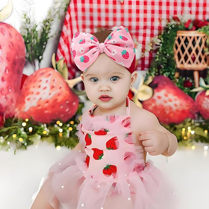 3 Pcs Baby Girl Headbands 6’’ Pink Bows Strawberry Hair Accessories Summer Outfits for Newborn Infant Toddler Girls Clothes