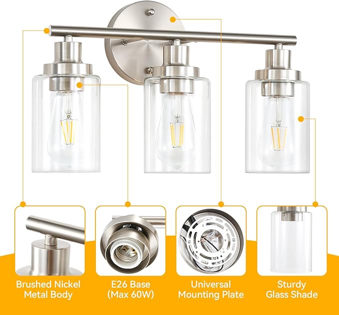 Vanity Wall Light Fixtures, Modern 3 Lights Wall Sconce with Clear Glass Shade, Brushed Nickel Farmhouse Wall Lamp for Bathroom Mirror Kitchen Porch Living Room Workshop (E26 Base)