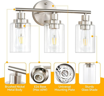 Vanity Wall Light Fixtures, Modern 3 Lights Wall Sconce with Clear Glass Shade, Brushed Nickel Farmhouse Wall Lamp for Bathroom Mirror Kitchen Porch Living Room Workshop (E26 Base)