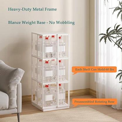 Square Rotating Bookshelf Tower - 360 Spinning Display Corner Bookcase for Narrow Space, Modern 3-Tier Revolving Storage Shelf, White
