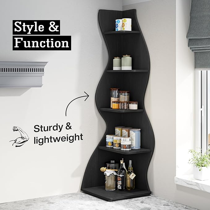 Tribesigns Corner Shelf, Modern 5-Tier Wall Corner Bookshelf, Stylish Corner Small Bookcase Storage Rack Plant Stand with Unique Shape for Living Room, Home Office, (2PCS, Black)