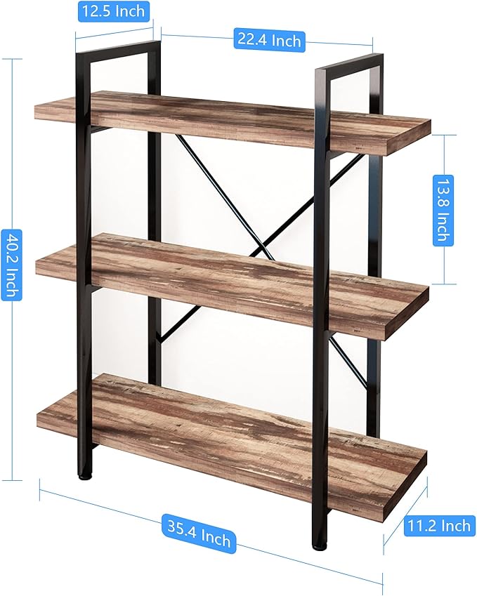 45MinST 3-Tier Vintage Industrial Style Bookcase/Metal and Wood Bookshelf Furniture for Collection,Vintage Brown, 3/4/5 Tier (3-Tier)