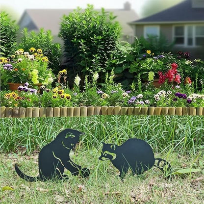 2 Pack Black Cat & Raccoon Garden Stakes, Metal Yard Art for Outside, Decorative Silhouette Statues for Garden, Lawn, Patio, Cute Outdoor Animal Ornaments (Cats and Raccoons)