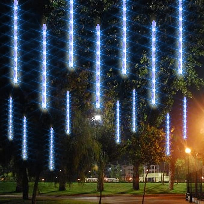 Dazzle Bright Christmas Lights Outdoor, 288LED Meteor Shower Rain Lights 12 Inch 8 Tubes, Waterproof Plug in Falling Icicle Light Christmas Decorations for Xmas Tree Yard House Decor (Blue)