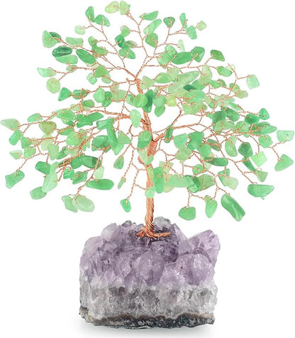 Gemstone Crystal Tree of Life,Natural Green Aventurine with Amethyst Cluster Base,Feng Shui Decor Bonsai Money Tree,Home Decor for Luck and Wealth 5.5"-6.3"