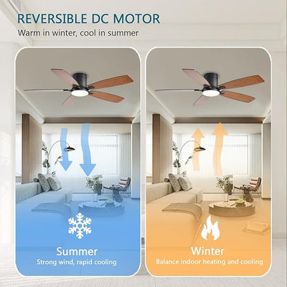 Ayaoty Ceiling Fans with Lights, 52 inch Low Profile Ceiling Fan with Light and Remote Control, Flush Mount, LED Dimmable DC Reversible Modern Ceiling Fan for Bedroom