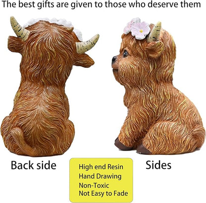 Highland Cows Themed Gifts for Women,Cute and Cozy Resin Yak Figurine with Floral Crown - Perfect Rustic Home Decor Accent