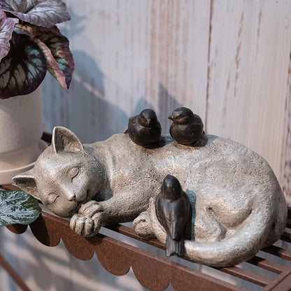 Comfy Hour Loving Memory Collection 12" Length Garden Accent Decorative Sparrows On Cat Figurine, Polyresin Statue Stone Looking