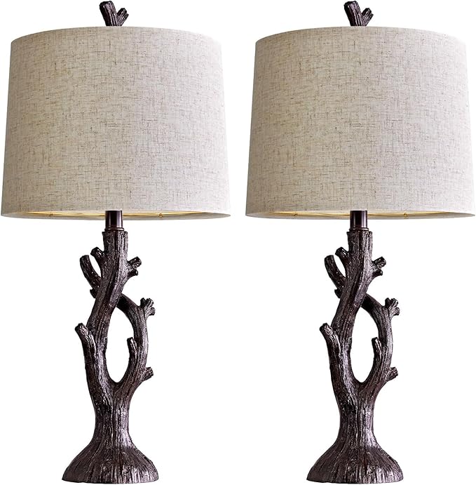 OYEARS 25" Farmhouse Table Lamp Set of 2 for Living Room Bedroom Resin Bedside Tree Lamp Nightstand End Table Lamps Vintage Natural Style