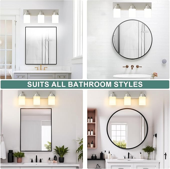IZORRO Bathroom Vanity Light Fixture, 3-Light 22 Inch Brushed Nickel Bathroom Light Fixtures Over Mirror, with White Glass Shade, Modern Farmhouse Vanity Lights, Rustic Restroom Lighting Fixtures