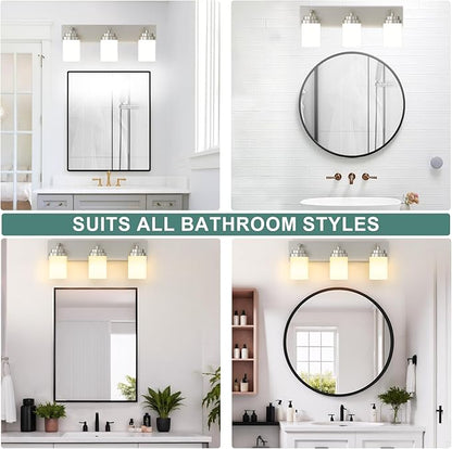 IZORRO Bathroom Vanity Light Fixture, 3-Light 22 Inch Brushed Nickel Bathroom Light Fixtures Over Mirror, with White Glass Shade, Modern Farmhouse Vanity Lights, Rustic Restroom Lighting Fixtures