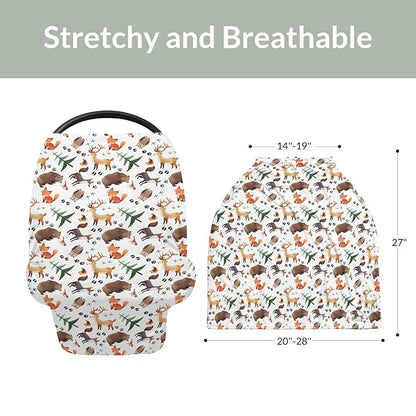 Cute Animals Baby Car Seat Covers Animal Tracks Bear Raccoon Moose Wolf Owl Fox Stretchy 5-in-1 Cover Adjustable Infant Carseat Canopy Cover Cartoon Forest Animal Breathable Nursing Cover-Up
