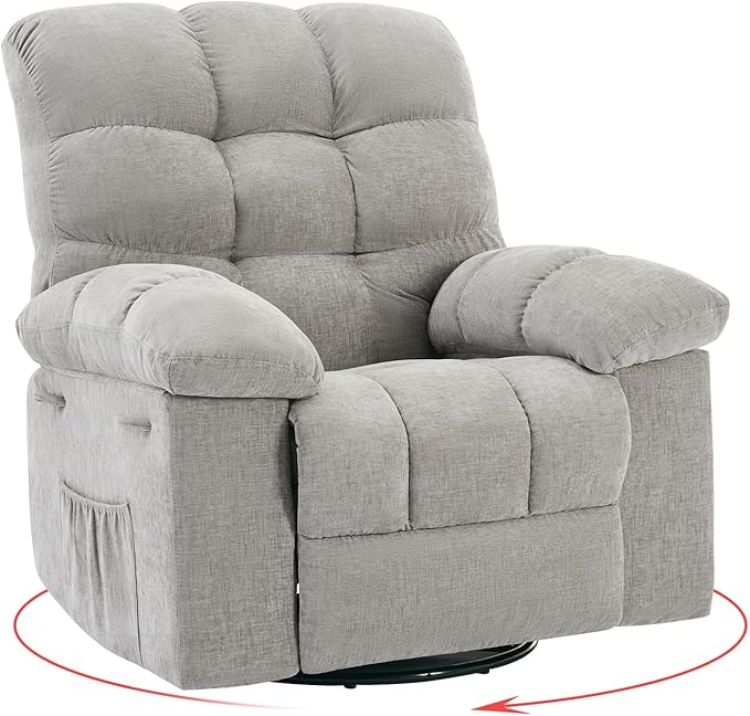 Rocking Recliner Chair,360° Swivel Rocker Chair for Living Room,Upholstered Fabric Glider Nursery Chair with Side Pockets for Small Spaces,Q235 Steel Frame Lazy Boy Recliner Single Sofa(Grey)