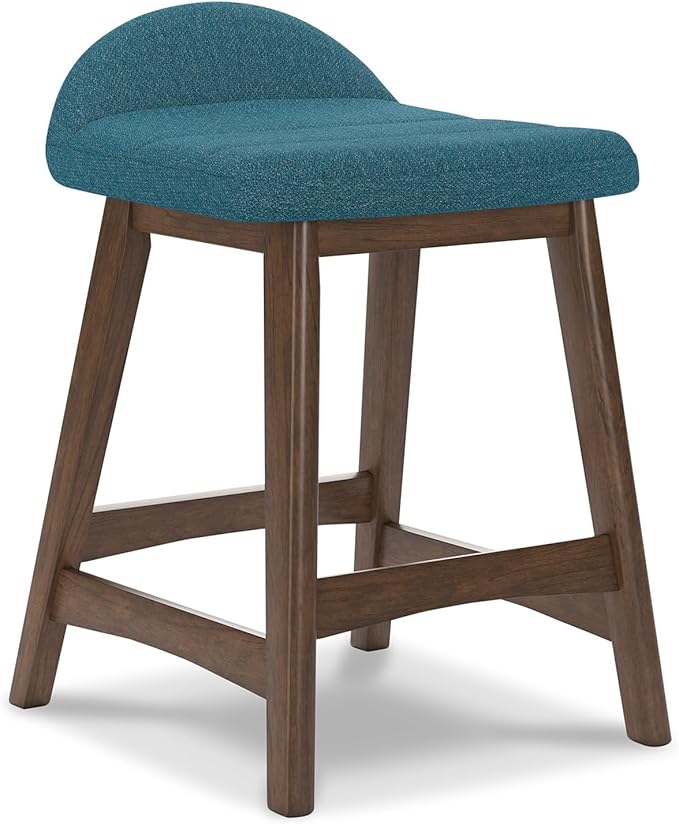 Signature Design by Ashley Lyncott Contemporary 28.5" Counter Height Upholstered Bar Stool with Foam Cushion, 2 Count, Blue & Brown