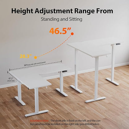 Agilestic 59 Inch L Shaped Standing Desk Adjustable Height, Electric Corner Standing Desk, Sit Stand Computer Table with Splice Board, White