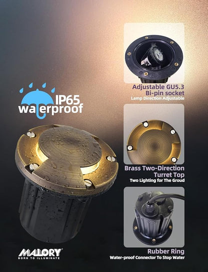 MALORY Brass Top Cover Landscape Well Lights,(6''H) 12V Low Voltage Outdoor In Ground Lights,Landscape Lighting for Pathway, Driveway and Garden (Two-Direction Turret, 10-Pack with Bulb)