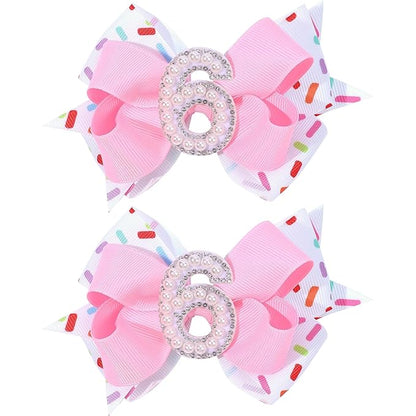 2PCS Hair Bows for Baby Girls Birthday - 6th Birthday Hair Bow Sweet Theme with Ice Cream Party, Pink Hair Accessories for Baby Toddler 1 2 3 4 5 6 Years, Outfit & Decorations
