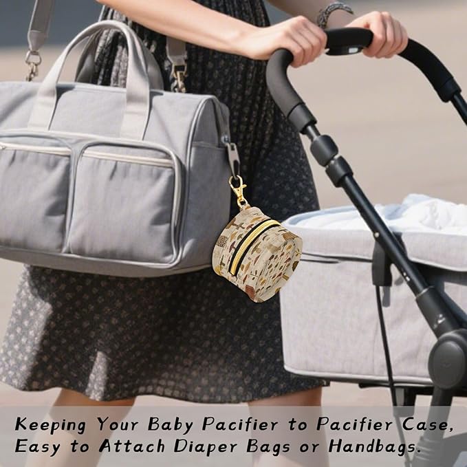 Pacifier Holder with Clip Pacifier Case for Diaper Bag Round Baby Pacifier Pouch Box Bag Portable Vintage Beige Mushrooms and Leaves