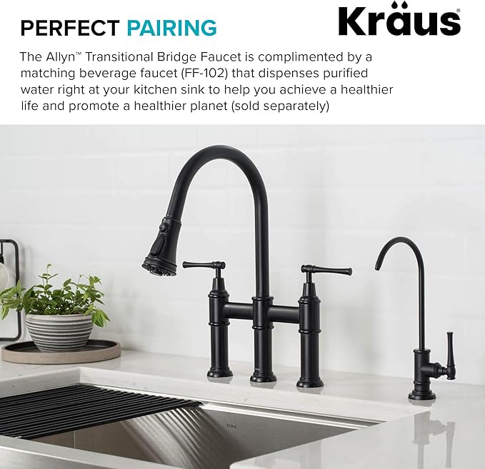 KRAUS Allyn Transitional Bridge Kitchen Faucet with Pull-Down Sprayhead in Matte Black, KPF-3121MB