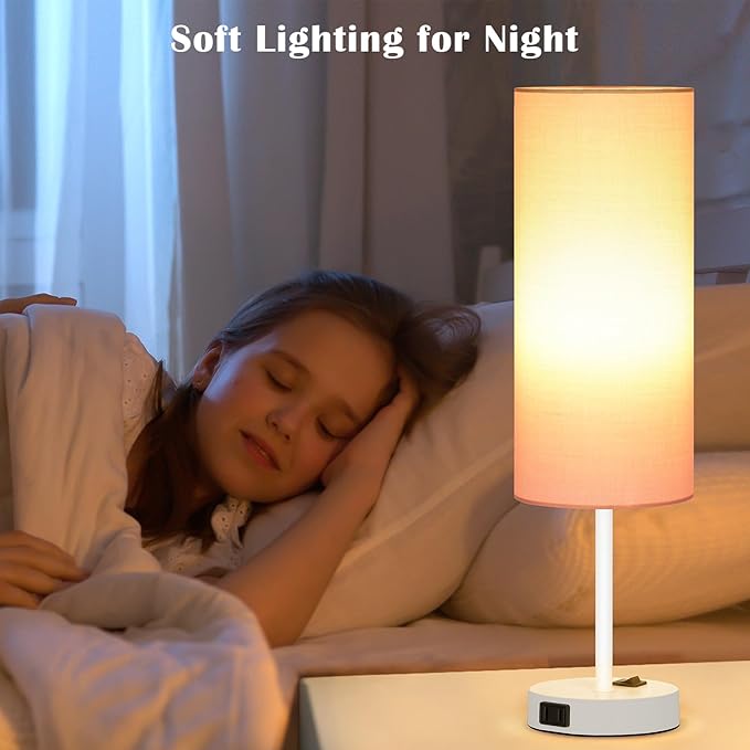 ZJOJO Table Lamp for Bedroom 2 Pack,18in Bedside Lamps with 3 Way Dimmable Rocker Switch & AC Outlet,Nightstand Desk Lamp with Pink Fabric Shade White Base for Living Room Home Decor Lights